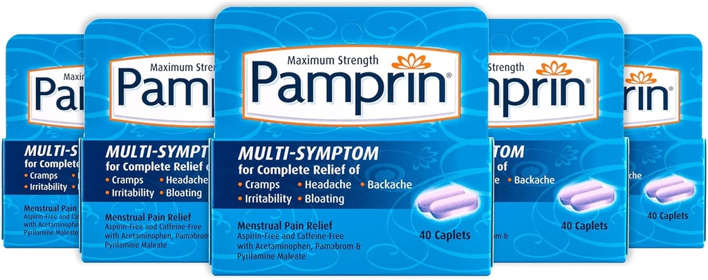 Pamprin Multi-Symptom Formula, Acetaminophen ile, Menstrual Period Belirtileri Cramps, Pain, Irritability ve Bloating, 40 Caplets (Pack of 5)