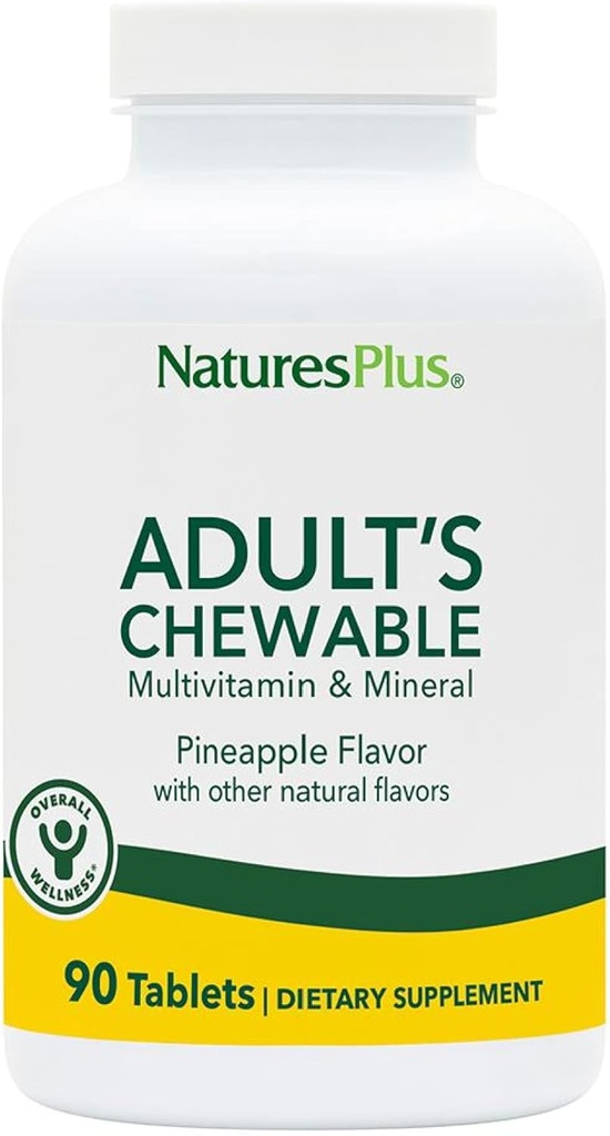 Natures Plus Yetişkin's Chewable Multivitamin - 90 Vejetaryen Tabletler - Pineapple Flavor - Doğal Tüm Gıdalar Genel Sağlık için Tamam, Enerji - Gluten-Free - 90 Hizmetler