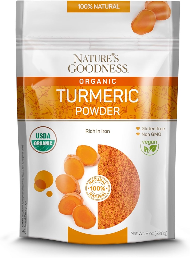 Nature's Goodness Organic Turmeric Toz | Pure Ground Curcuma Root Spice | Raw Vegan Turmeric Curcumin Seasoning Rich in Vitamins & Natural Antioksis | Non-GMO Gluten-Free 8 ozm
