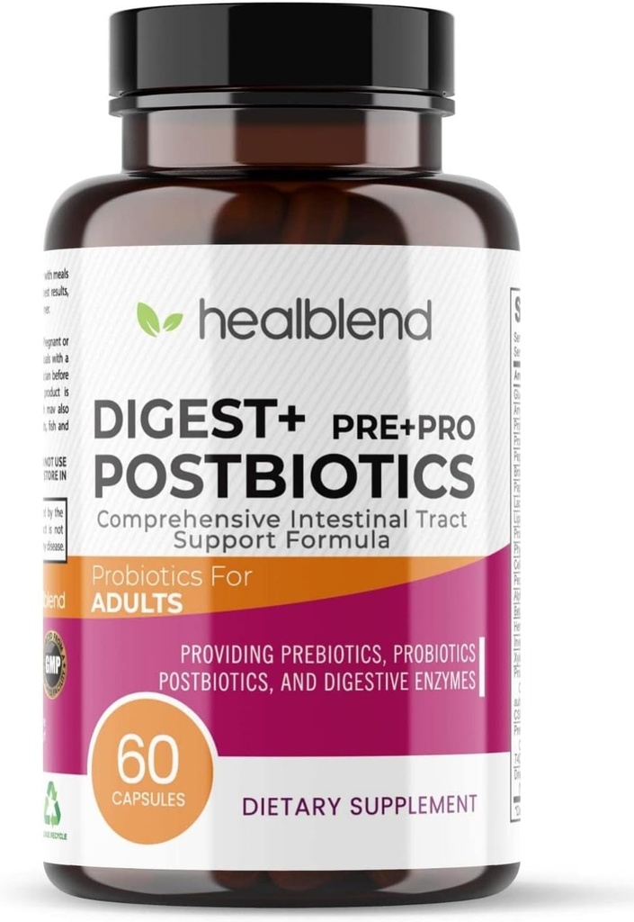 Dgest + Postbiyotiks Supplement for Women and Men, Multi Enzymes, Organic Prebiyotik & Probiyotik for Digestive Health with Bromeline, Papin ve Lipase, Non-GMO, Gluten-Free, 60 Vegetarian Caps