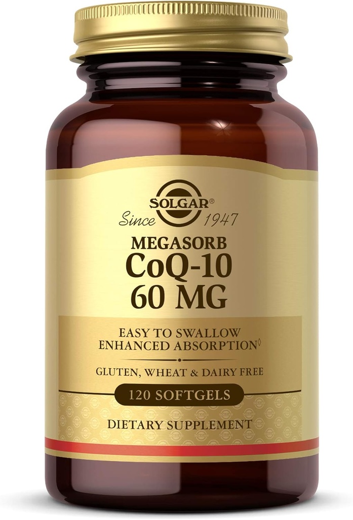 Solgar Megasorb CoQ-10 60 mg, 120 Softgels - Kalp ve Beyin Sağlığı - Coenzyme Q10 Supplement - Geliştirilmiş Aborpsiyon, Swallow - Gluten Free, Dairy Free - 120 Servisler