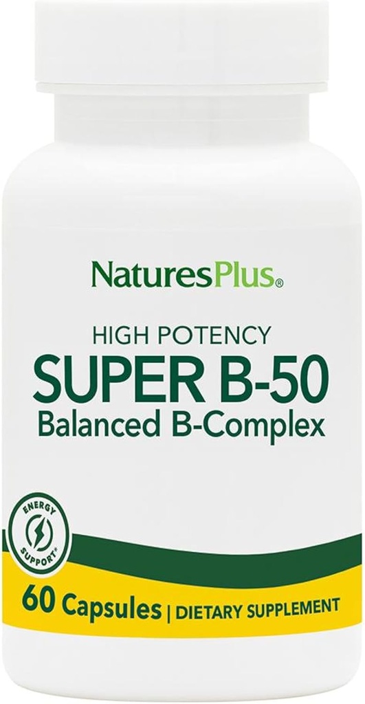 NaturesPlus Super B50-60 Vegetarian Capsules - High Potency B Complex Vitamin Supplement - Brain & Energy Booster - Gluten-Free - 60 Servings