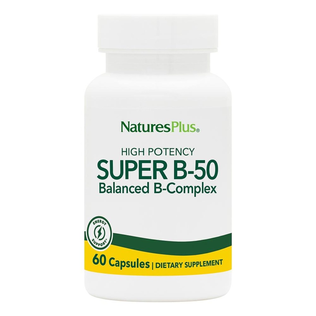 NaturesPlus Super B50-60 Vejetaryen Capsules - Yüksek Potency B Kompleksi - Beyin & Enerji ATM - Gluten-Free - 60 Hizmetler