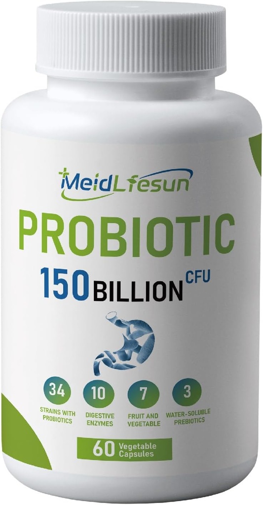 Organik Probiyotik ve prebiyotikler,150 Milyar CFU 34 Strains, Digestive Enzymes, Erkekler ve Kadınlar için 60 Vegan Capsules, Gut Health & Digestive Support, Non-GMO, Gluten Free