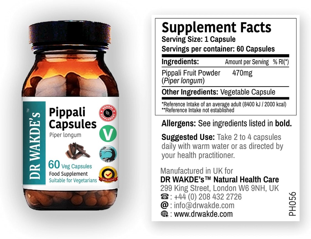 Κάψουλες Pippali του DR WAKDE (Μακρύ πιπέρι, 60 Veg Caps, φυτικό συμπλήρωμα, Ayurvedic βότανα, όλα φυσικά, Vegan)