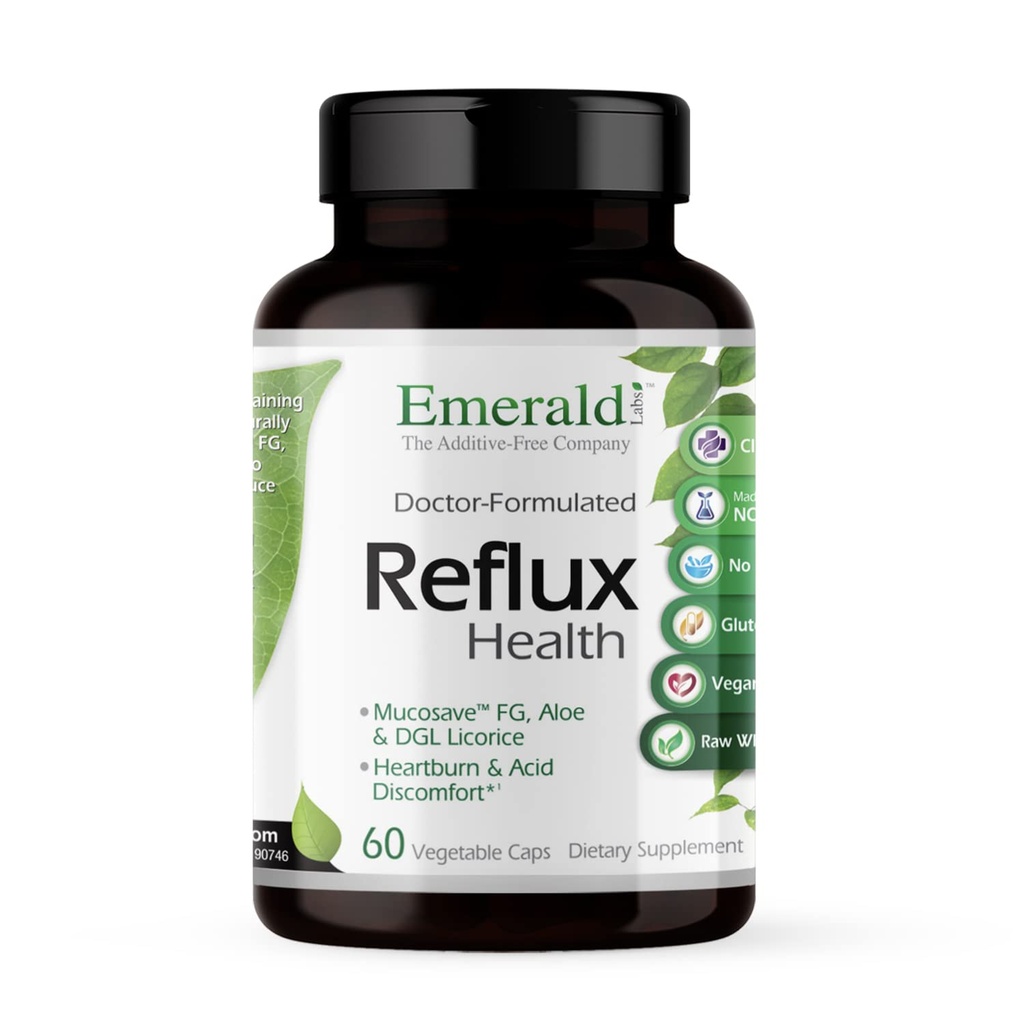 EMERALD LABS Reflux Health - Indigestion & Heartburn Relief with Mucosave FG, DGL, Aloe Vera, Probiyotikler, Digestive Enzymes & More* - 60 Sebze Capsules (30-Day Supply)