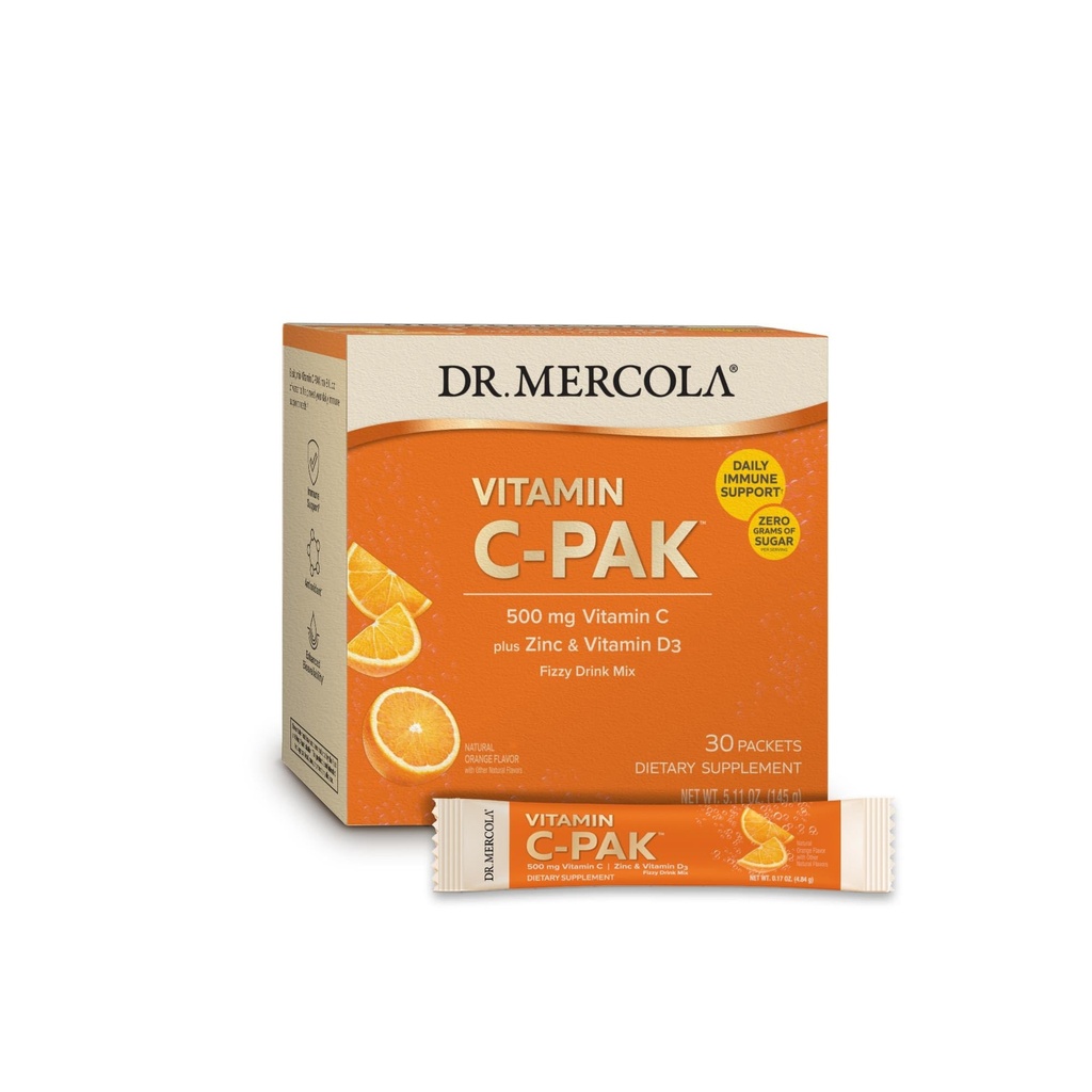 Δρ. Mercola Βιταμίνη C-PAK, 30 Σερβιέτες (30 Πακέτα), Μίγμα Ποτού, 500 mg Βιταμίνης C, με ψευδάργυρο και βιταμίνη D3, Φυσικό Γεύση Πορτοκαλιού, Συμπλήρωμα Διατροφής, Υποστηρίζει Υγιεινή Ανοσολογική Λειτουργία, Μη ΓΤΟ