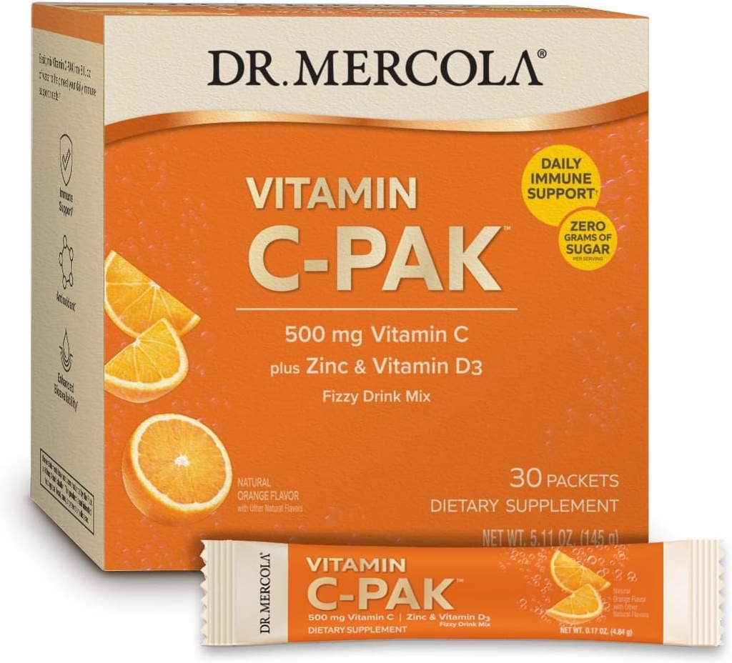 Dr. Mercola Vitamin C-PAK, 30 Hizmetler (30 Paketler), Fizzy İçecek Mix, 500 mg C, çinko ve D3 ile Doğal Orange Flavor, Diyetsel Tamam, Sağlıklı Immune Function, Non-GMOB