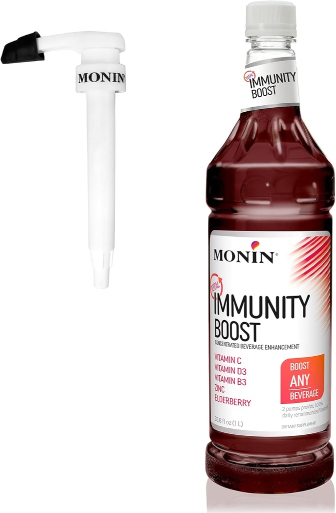 Monin - Toplam Immunity Boost, Immune Support Supplement, Sıvı Vitaminler, Mineraller ve Antioksilar, Immune Boosting Vitamin C & D + Elderberry, For All Beverages, Low Calorie (1 Liter + Pump)