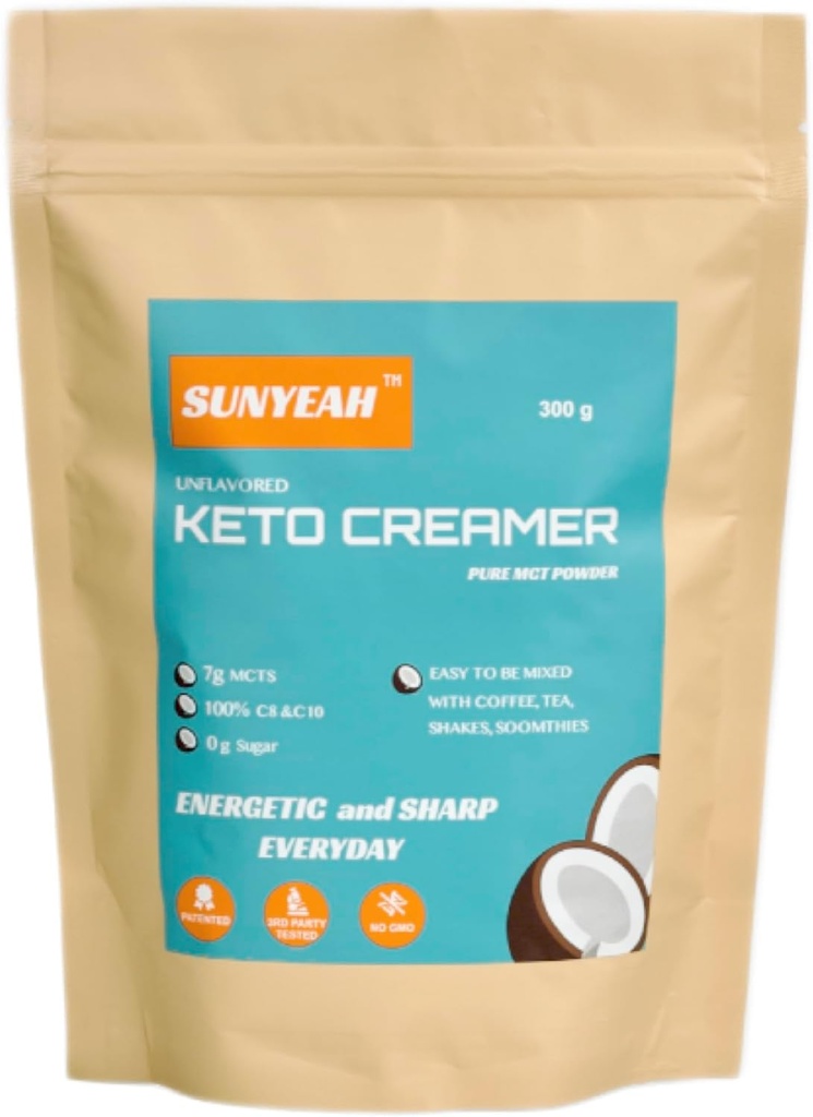SUNYEAH MCT σκόνη- MCT Oil σκόνη, KETO κρέμα καφέ, καθαρό C8 C10, χωρίς ζάχαρη, Από καρύδα, 300 g, Εξαιρετική σε καφέ, τσάι, νερό, shakes, smoothies, Unflavoured, No-GMO