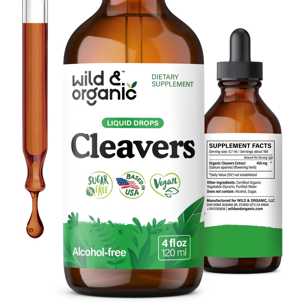 Wild & Organic Cleavers Tincture - Herbal Detox Cleavers Herb - Galium Aparine Leaf Supplement Tamam - Vegan, Sugar & Alkol-Free - 4 fl ozz