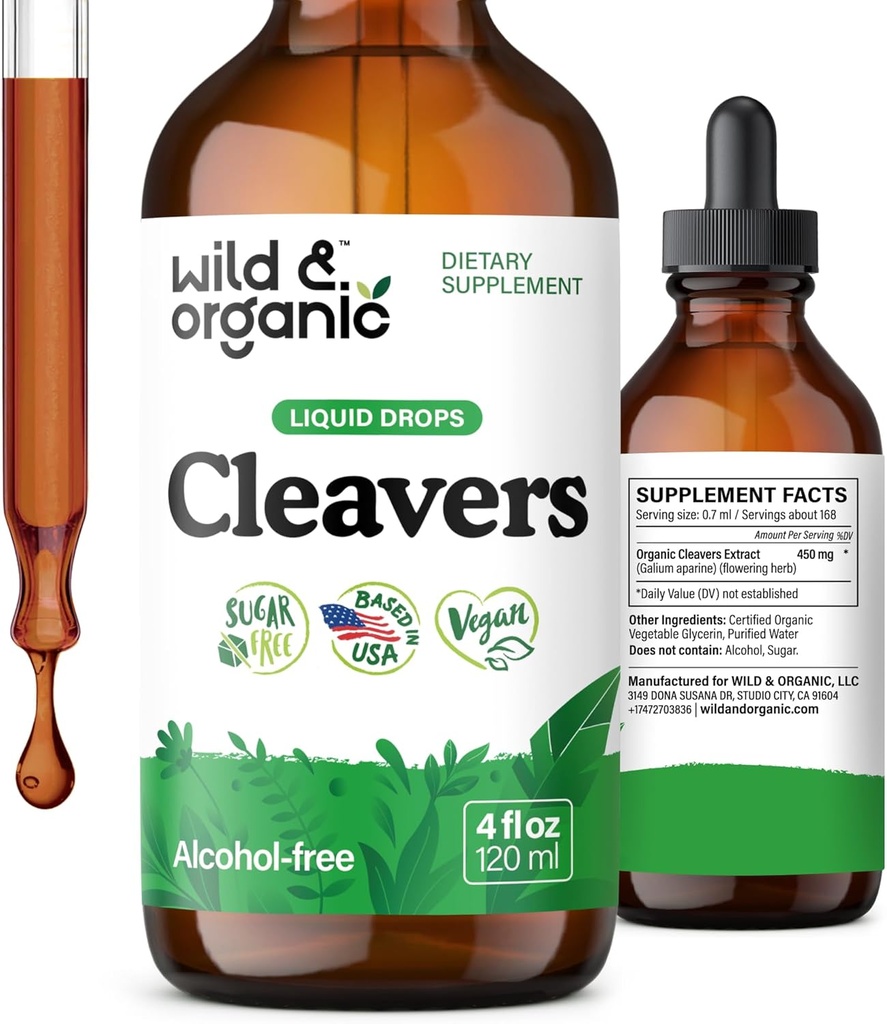 Wild & Organic Cleavers Tincture - Herbal Detox Drops with Cleavers Herb - Galium Aparine Leaf Extract Supplement - Vegan, Sugar & Alcohol-Free - 4 fl oz