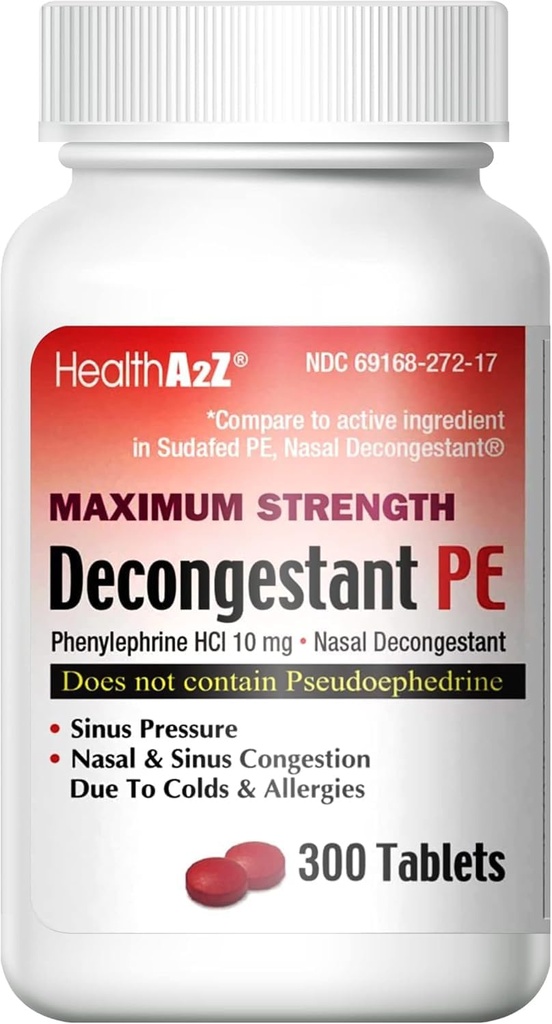 HealthA2Z® Decongestant PE | Phenylephrine HCl 10 mg | En Güçlü | Nasal & Sinus Congestion Relief For Cold & Allergies (300 Kont)