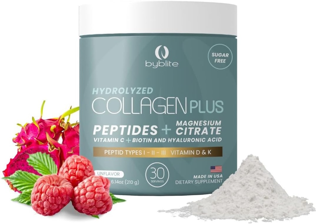 Colageno Hidrolizado para Mejorar Articulaciones + Citrato de Magnesio para la Salud Digestiva + Peptidos I,II,III + Acido Hialuronico + Biotin + L