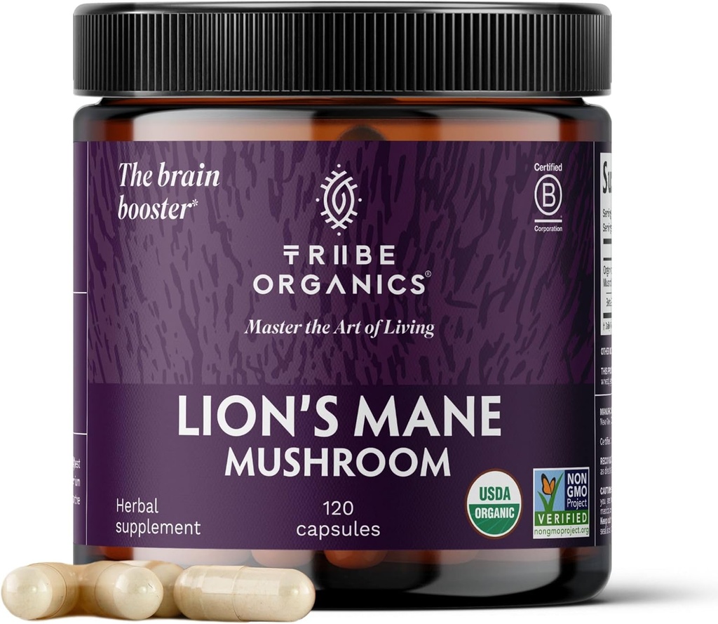 TRIBE ORGANICS Lion's Mane Supplement 1000 mg Mushroom Extract Toz - Immune System Alert & Brain Nootropic for Focus and Memory | mental Clarity | Natural Energy and Immunity - 120 Vegan Capsules