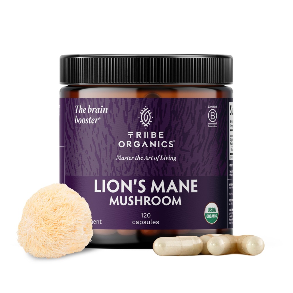 TRIBE ORGANICS Lion's Mane Supplement 1000 mg Mushroom Extract Toz - Immune System Alert & Brain Nootropic for Focus and Memory | mental Clarity | Natural Energy and Immunity - 120 Vegan Capsules