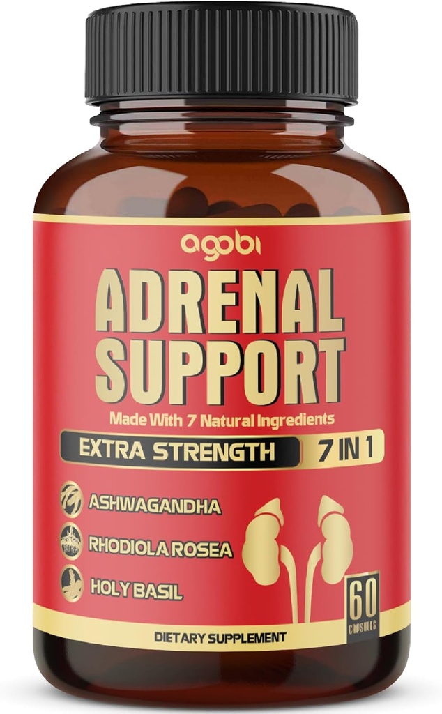 agobi 7in1 Συμπλήρωμα υποστήριξης Adrenal - Ισοδύναμο με συμπυκνωμένο Ashwagandha, Panax Ginseng, Rhodiola Rosea & More - 60 κάψουλες 2 μήνες για ισορροπία σώματος