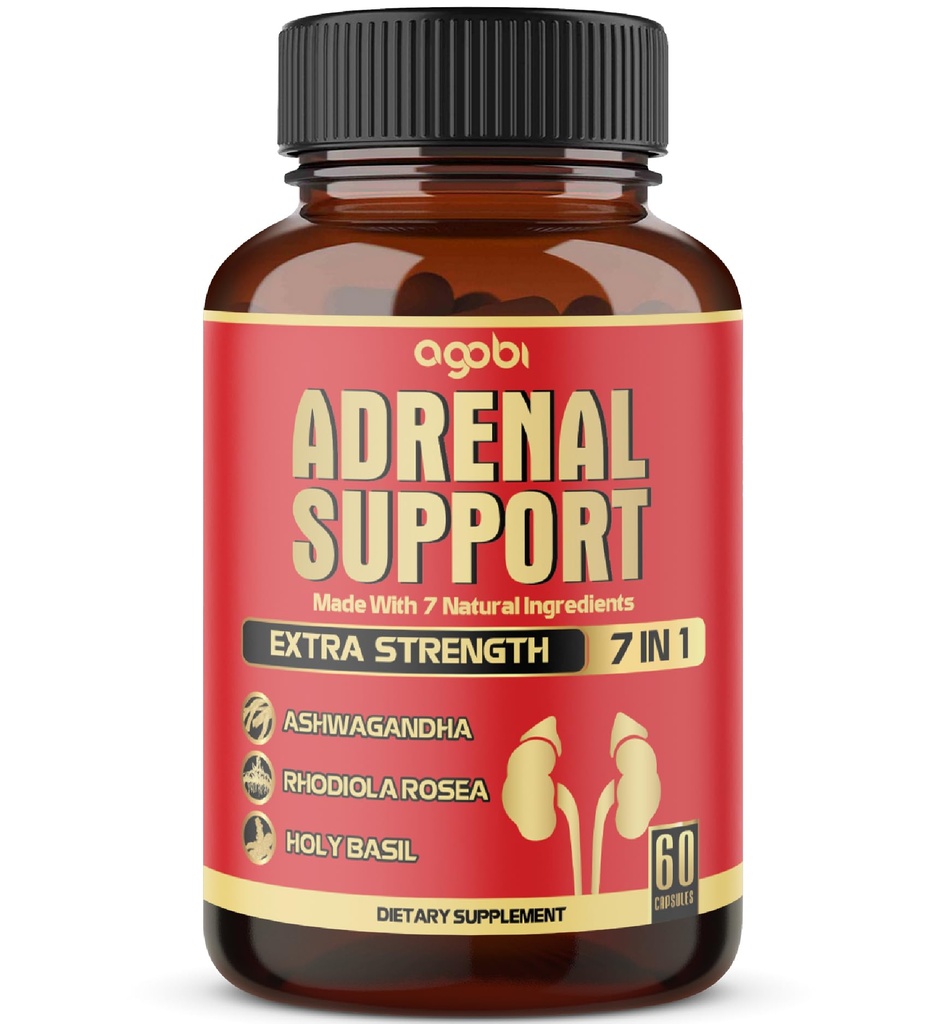 agobi 7in1 Συμπλήρωμα υποστήριξης Adrenal - Ισοδύναμο με συμπυκνωμένο Ashwagandha, Panax Ginseng, Rhodiola Rosea & More - 60 κάψουλες 2 μήνες για ισορροπία σώματος