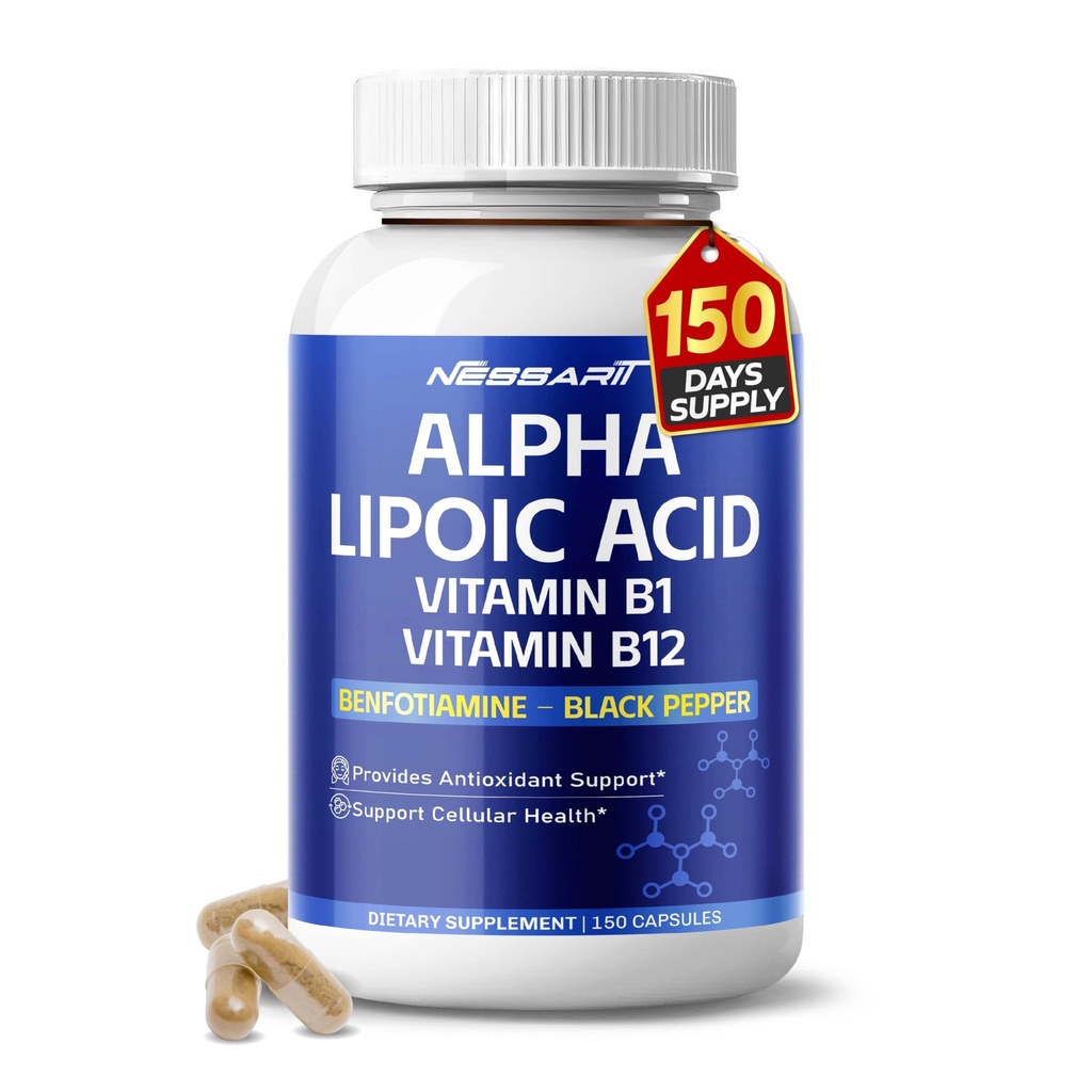Alfa Lipoic Asit B1 Vitamin B12, Benfotimin, Ubiquinol, Black Pepper - Destek Hücre Sağlığı - 150 - ABD'de Yapılan ve Test Edildi