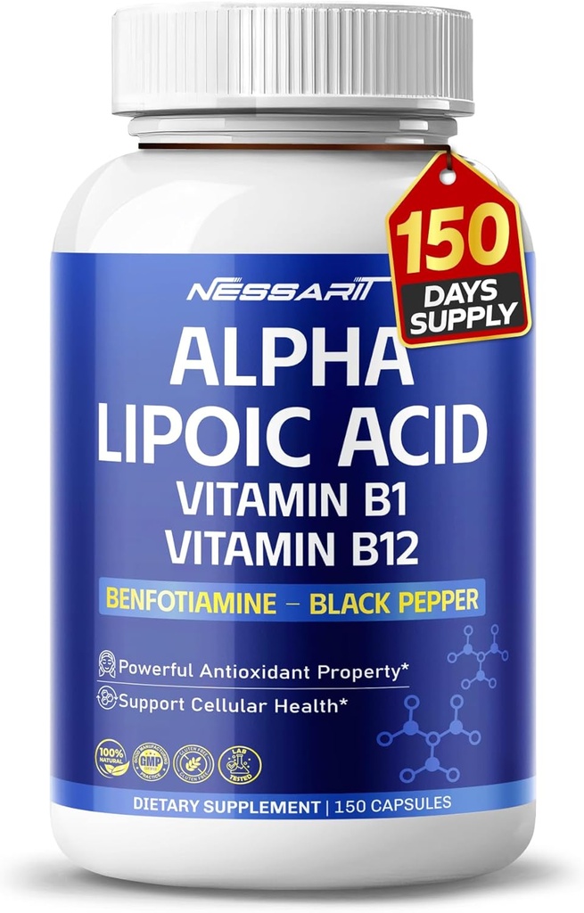Alpha Lipoic Acid High Potency with Vitamin B1, Vitamin B12, Benfotiamine, Ubiquinol, Black Pepper - Υποστήριξη Κυτταρική Υγεία - 150 Count - Made & Tested στις ΗΠΑ