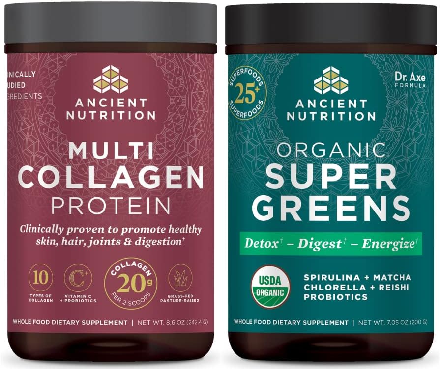 Αρχαία διατροφή Multi Collagen Protein Powder, Άγευστη, 24 σέρβις + Supergreens Powder, Greens Flavor, 25 σέρβις