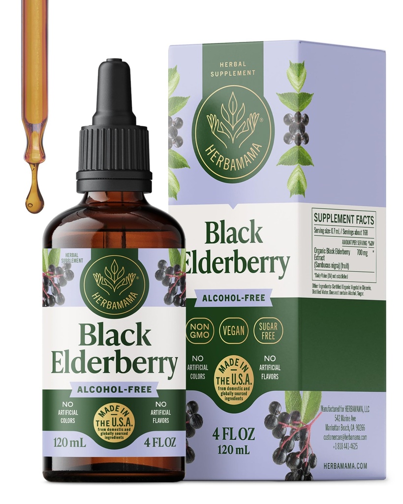 HERBAMAMA Black Elderberry Drops - Vegan Elderberry Liquid Extract for Immune Support - Μη ΓΤΟ, Αλκοόλ & Ζάχαρη Δωρεάν συμπλήρωμα ασυλίας, 42-Day Supply