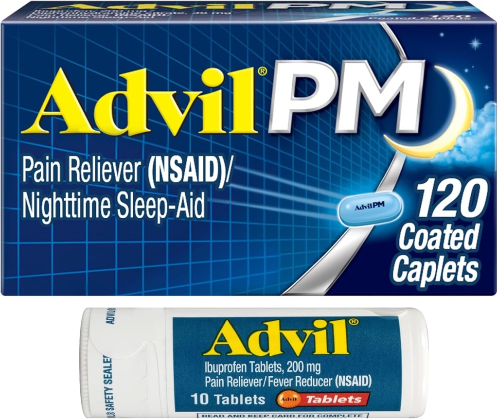 Advil PM Pain Reliever ve Nighttime Sleep Aid, Ibuprofen for Pain Relief and Diphenhydramine Citrate for a Sleep Aid - 120 Kaplamalı Caplets and Pain Reliever and Character, 10 Count Tablets