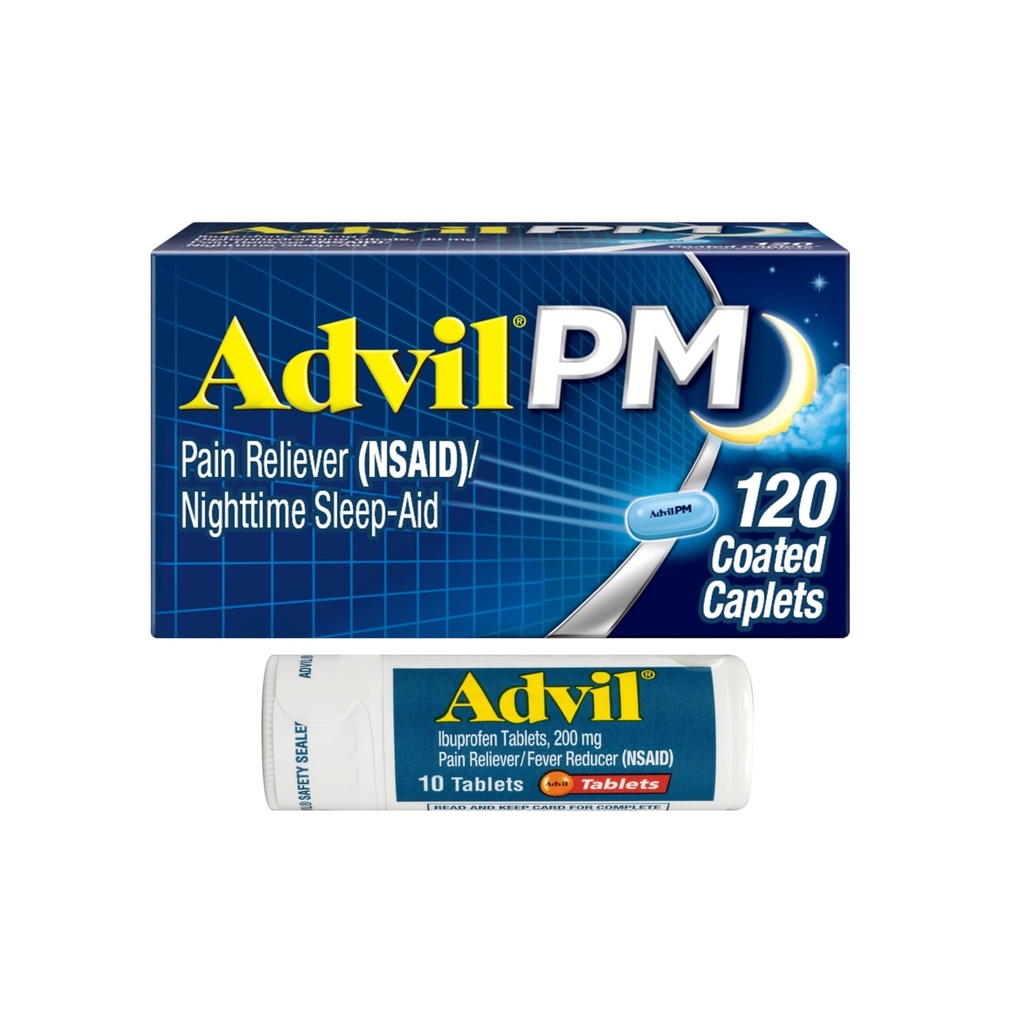 Advil PM Pain Reliever ve Nighttime Sleep Aid, Ibuprofen for Pain Relief and Diphenhydramine Citrate for a Sleep Aid - 120 Kaplamalı Caplets and Pain Reliever and Character, 10 Count Tablets