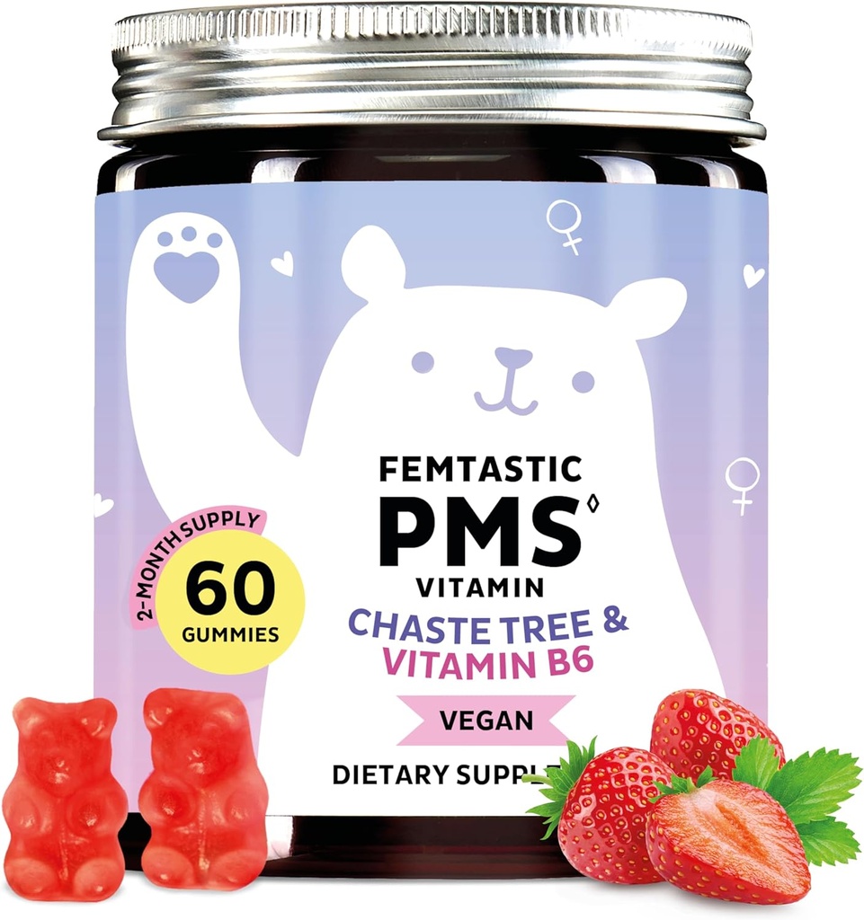 PMS Support Supplement for Women. Menstrual Relief Gummies to Target Hormonal Breakouts, Bloating, period Cramps, & Mood Swings. Vegan, B6 & Lemon Balm ile, 60 Gummies