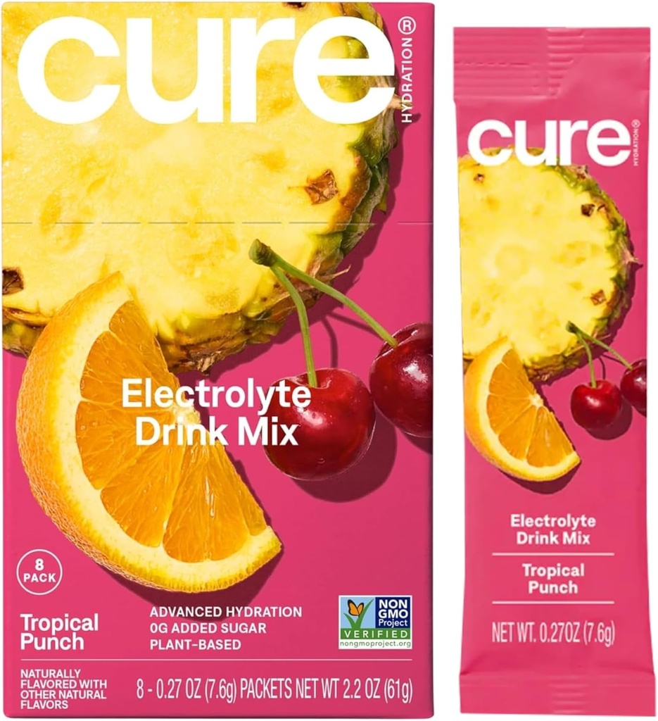 Cure Hydration | Plant-Based Electrolyte Drink Mix | Nodrew Sugar | Dehidrasyon Yardımı Banyo Su ile Yapılan | Non-GMO | Vegan | 8 Packets Kutu - Tropikal Punch