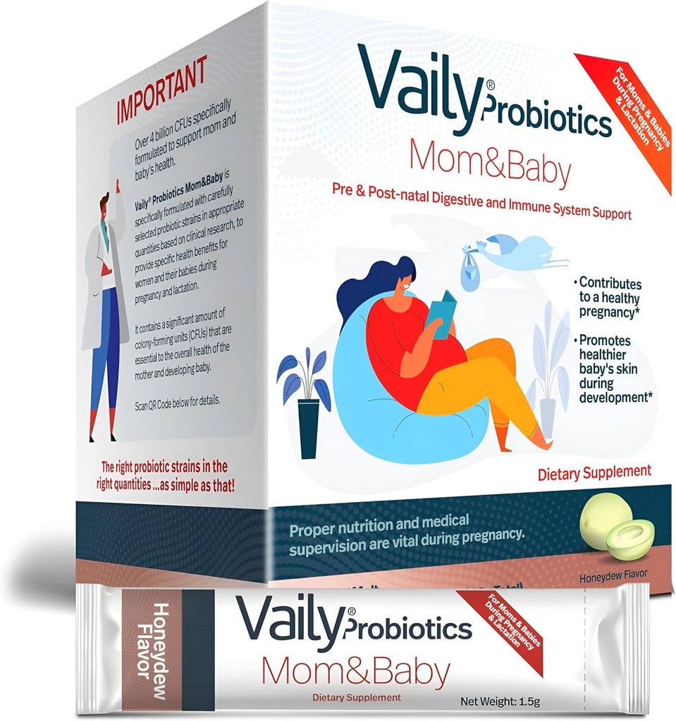 Vaily Mom & Baby Probiotic - Μετα & προγεννητικές βιταμίνες Probiotics Σκόνη για γυναίκες - Ενισχύει το ανοσοποιητικό σύστημα & Digestive Υγεία, Υγιεινή βρεφική επιδερμίδα - Προγεννητικά Απαραίτητα, Εύκολη πέψη - 30 Sticks