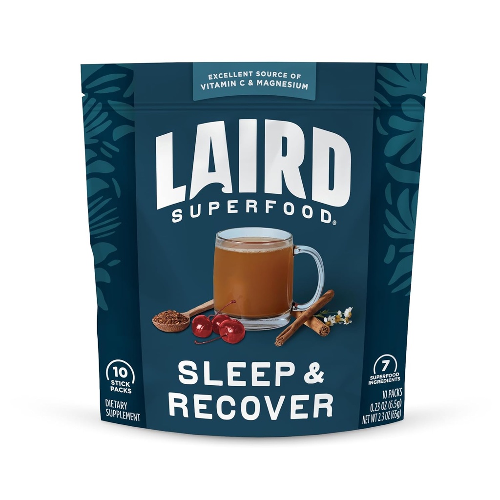 Laird Superfood Sleep & Recover, Bedtime Tozlu İçgörü Calming Supplement to Support Relaxation and Sleep with Tart Cherry and Chamomile, 0.3 Oz Packet, 10 Paket