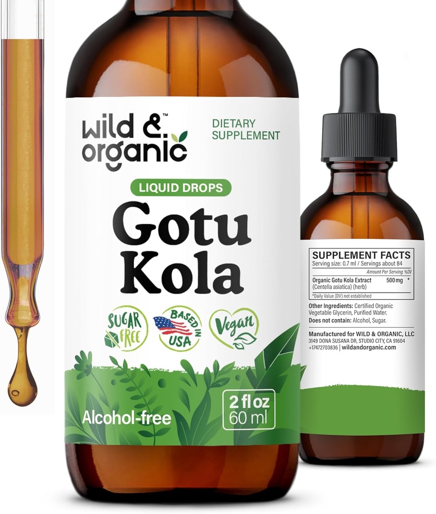 Wild & Organic Gotu Kola Herb Tincture - Beyin Desteği - Gotu Kola Sıvı Ekstraksiyon - Vegan, Sugar & Alkol-Free Centella Asiatica Supplement - 2 fl oz