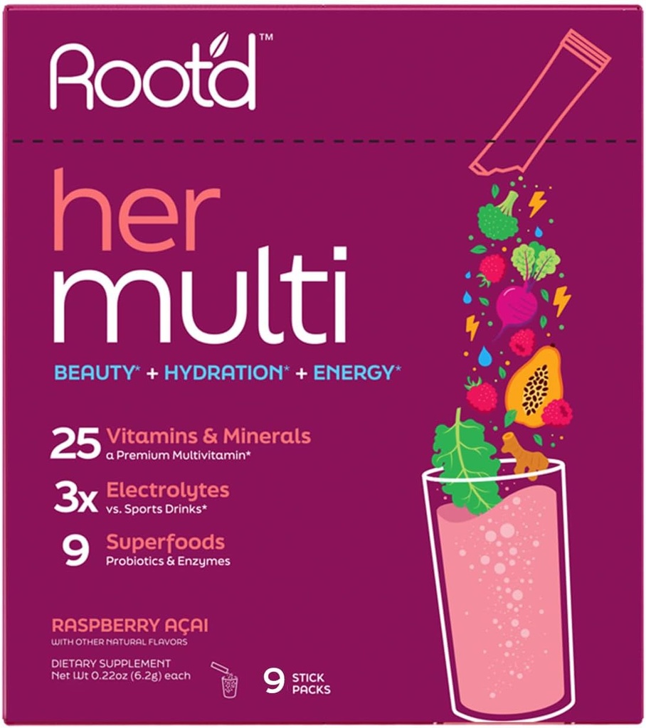 Root'd Multivitamin Powder for Women - 25 Βιταμίνες & Ορυκτά με 3X Electrolytes, 9 Βιολογικά Superfoods, Probiotics & Enzymes, Sugar-Free Multivitamin & Hydration 