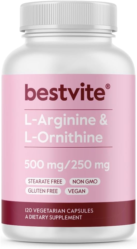 BESTVITE L-Arginine L-Ornithine 500-250 (120 Vejetaryen Capsules) - No Stearates - No Fillers - Vegan - Non GMO - Gluten Free - Nouba Silicate