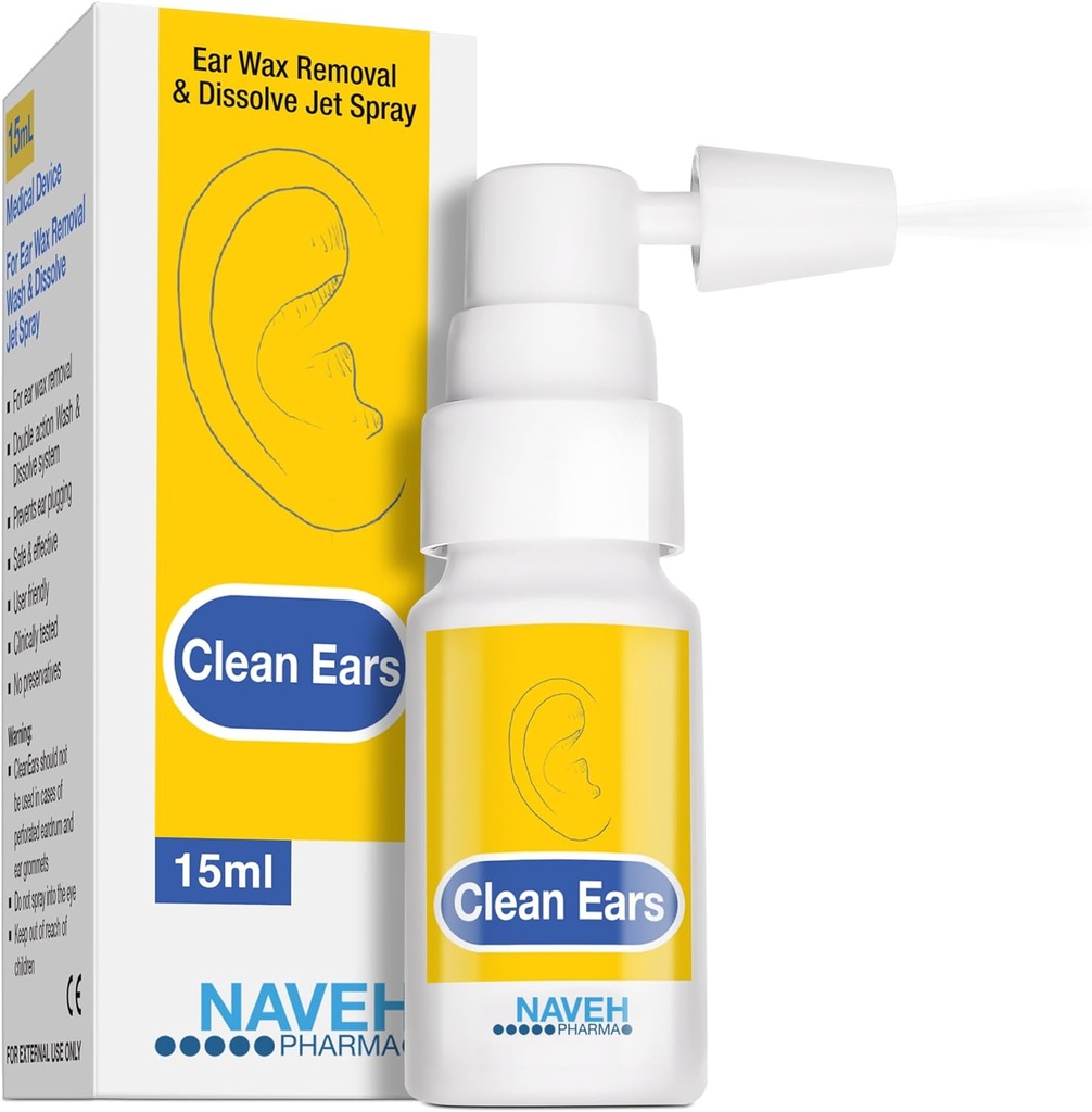 NAVEH PHARMA® CleanEars | Fast-Acting Ear Wax Removal Spray | Breaks Down & Dissolves Earwax in Just 1 Treatment | Klinik olarak% 300 Daha Etkili W/Mineral Oil | Gentle & Safe | 0,5 Fl Oz