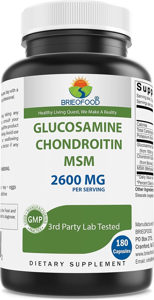 Brieofood Triple Strength Glucosamine Chondroitin MSM 2600 mg/Serving Capsules, Supports Health Joint, Cartilage and Connective Tissue - Ortak Konfor ve Flexability 180 Counts