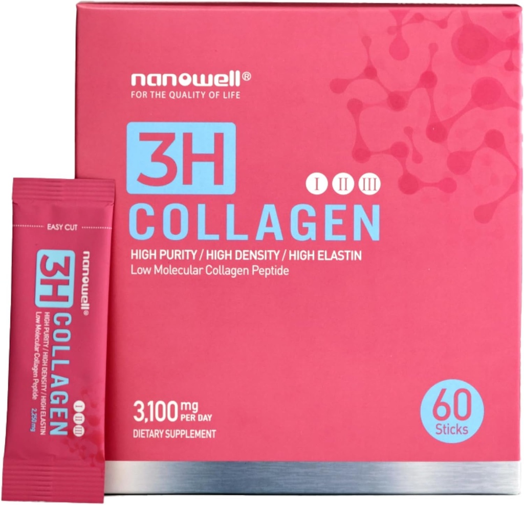 NANOWELL 3H Collagen Peptide Toz - Tipler I, II, ve III C vitamini ile, Hydrolyzed Elastin Peptide & Hyaluronic Acid - Supports Hair, Skin, Nails, Commons & Bones - 60 Sticks, 30 Day Supply