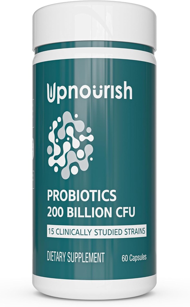 UpNourish Probiotics - 200 Billion CFUs for Men and Women, 15 Clinically Studied Strains, Prebiotics & Enzymes - 60 Vegan Capsules