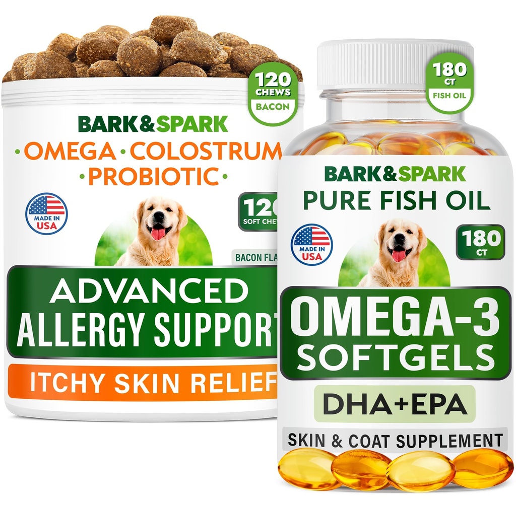 Gelişmiş Köpek Alerjisi + Omega 3 Sche - Itch Relief - Probiyotiks w/Fish Oil Omega 3 + EPA&DHA Fatty Asit - Skin Allergies + Ortak Sağlık - 120 Chews + 180 Softgels - Bacon + Fish Flavor - ABD'de Yap