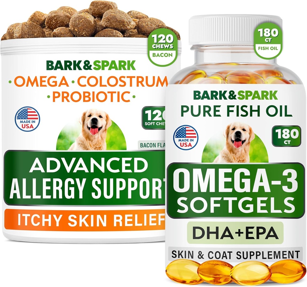 Gelişmiş Köpek Alerjisi + Omega 3 Sche - Itch Relief - Probiyotiks w/Fish Oil Omega 3 + EPA&DHA Fatty Asit - Skin Allergies + Ortak Sağlık - 120 Chews + 180 Softgels - Bacon + Fish Flavor - ABD'de Yap