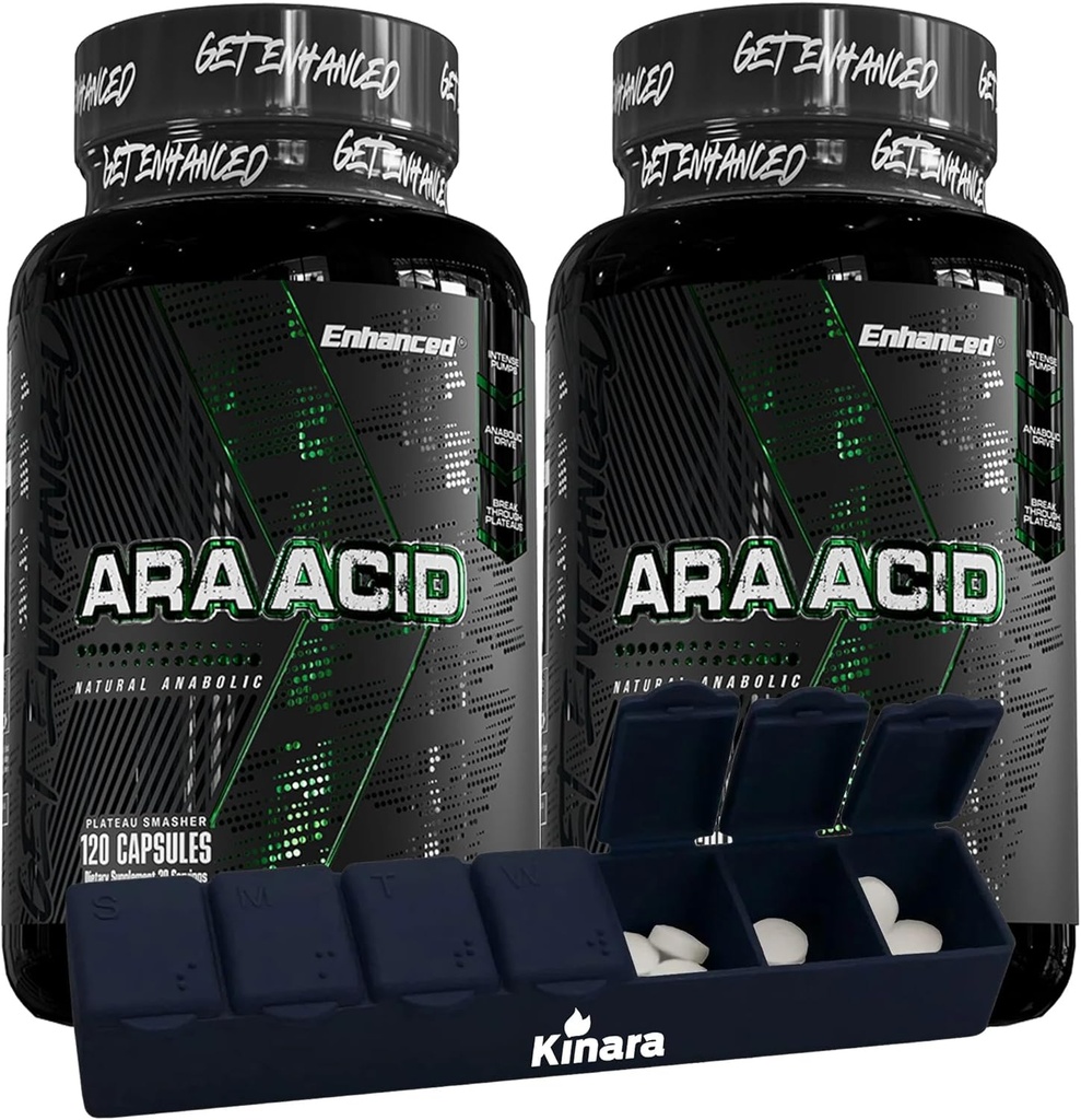 Enhanced Athlete - Arachidonic Acid Supplement - Μύες και δύναμη συμπλήρωμα για αυξημένη μυϊκή μάζα & βελτιωμένη αποκατάσταση για άνδρες και γυναίκες (120 κάψουλες) - 2 πακέτο με Kinara Pill Organizer