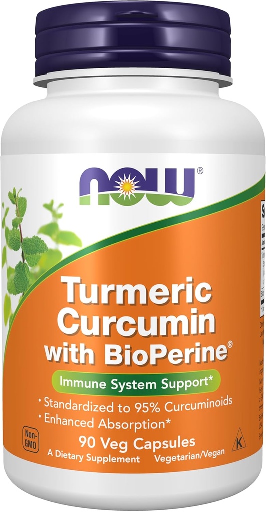 Şimdi Supplements, Turmeric Curcumin with BioPerine, Immune System Support, Standardized to% 95 Curcuminoids, Geliştirilmiş Aborpsiyon*, 90 Veg Capsules