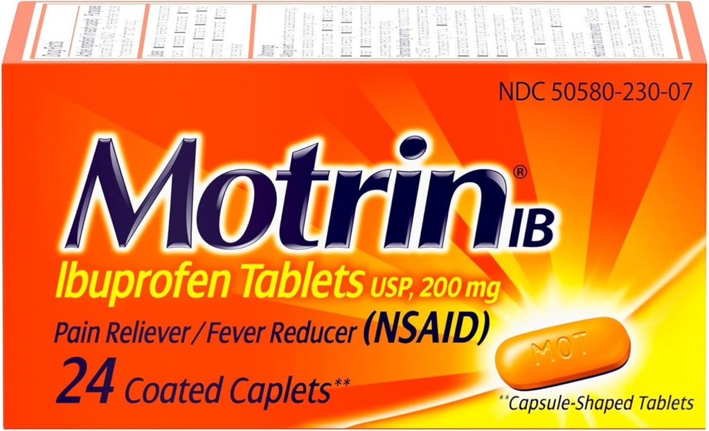 Motrin IB, Ibuprofen 200 mg Tabletler, Kaba Aches, Headache & Back Pain Relief, 24 Ctt