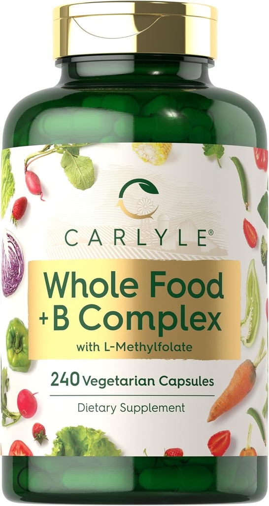 Carlyle Vitamin B Kompleksi Tüm Gıdalar Öpüyor | 240 Capsules | Erkekler ve Kadınlar için Günlük Multivitamin | B1, B2, B6, B12, Folate, Niacin ve L-Methylylfolate | Non-GMO & Vegetarian Supplement