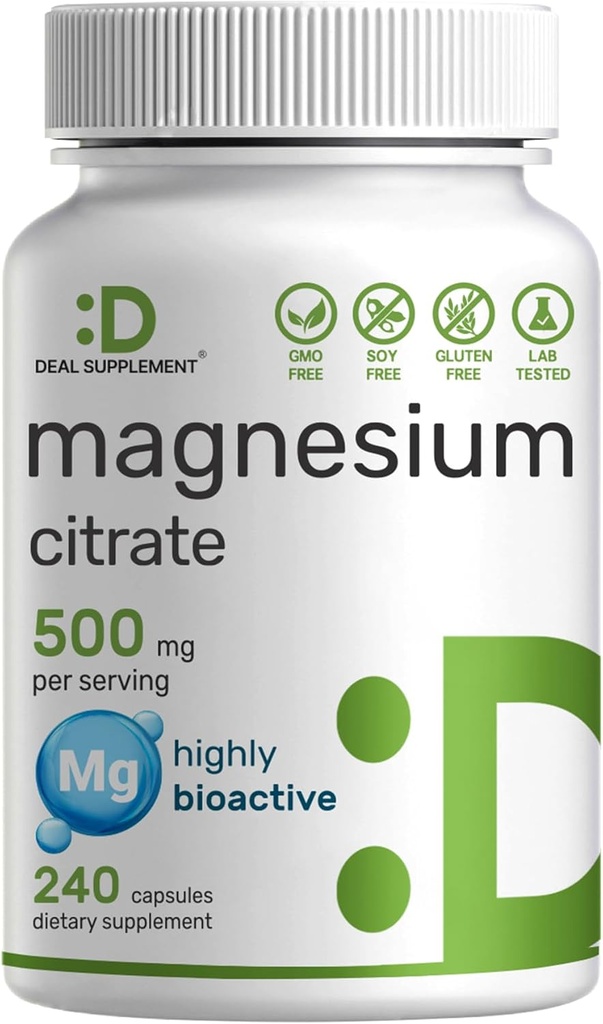 DEAL SUPPLEMENT Magnezyum Citrate 500 mg, 240 Capsules | Kolay Absorbed, Purified Trace Mineral – Kas, Heart, & Digestive Support – One a Day, Non-GMOMO