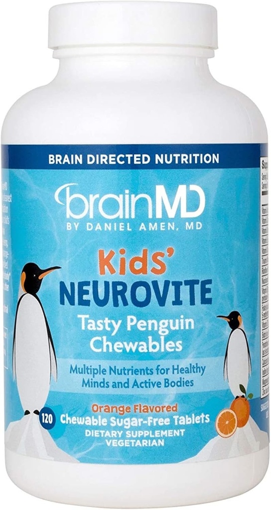 BRAINMD Dr Amen Kids' NeuroVite, Orange Flavor - 120 Penguin-Shaped Chewables - Multivitamin & Mineral Supplement - Sağlıklı Geliştirme ve Büyümeyi Teşvik - Gluten Free - 60 Hizmetler