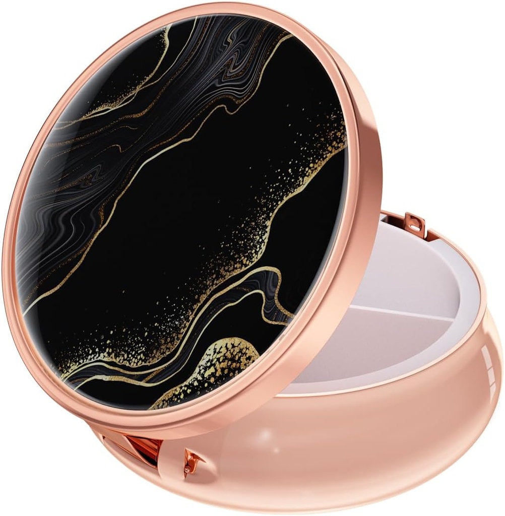 Rouidr Pill Box, 3 Karşılaştırmalı Tıp Pill Case, Small Metal Travel Medicine Box for Purse & Pocket, Rose Gold, Luxury Black Mermer