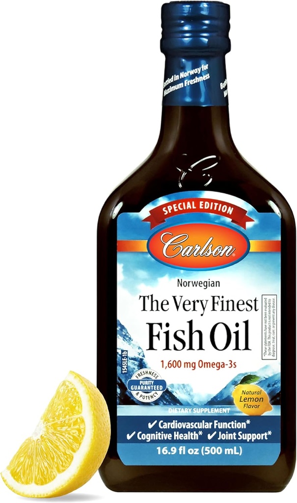 Carlson - The Very Finest Fish Oil, Special Edition, 1600 mg Omega-3s, Liquid Supplement, Norveç Fish Oil, Wild-Caught, Sustainable Sourced Liquid, Lemon, 500 mL (16.9 Fl Oz)