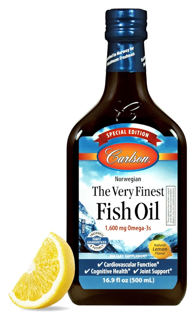 Carlson - The Very Finest Fish Oil, Special Edition, 1600 mg Omega-3s, Liquid Supplement, Norveç Fish Oil, Wild-Caught, Sustainable Sourced Liquid, Lemon, 500 mL (16.9 Fl Oz)